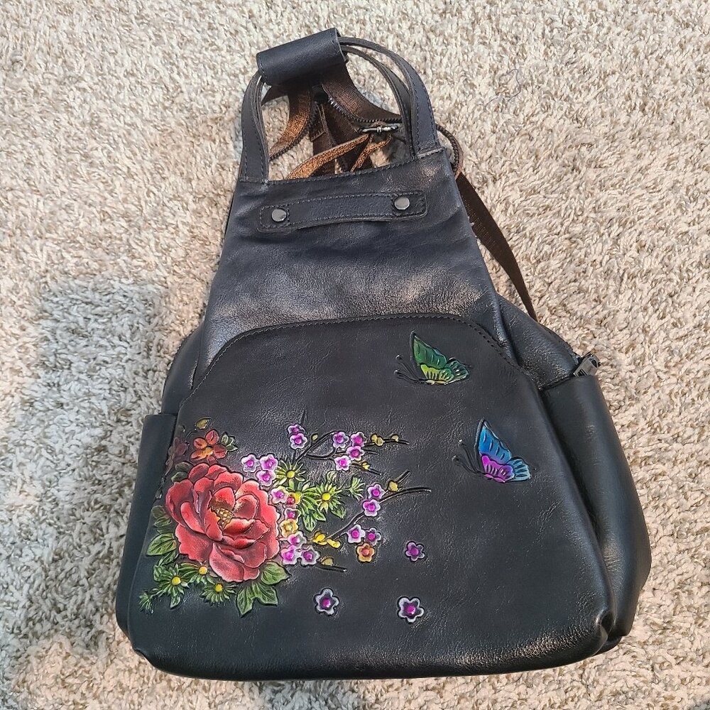 Embossed Cowhide Leather Backpack - Floral & Butterfly Design, Durable and Styli